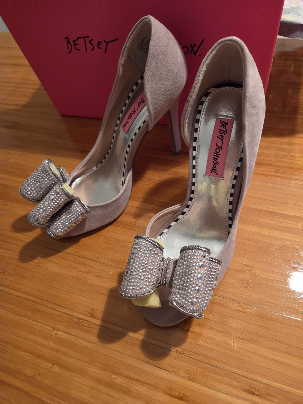 Betsey Johnson Nude Light Pink Suede Peep-Toe Heels with Crystal Bow